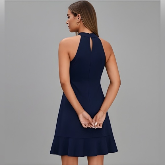Navy Halter Neck Ruffle Hem Swing Dress - Picture 3 of 8